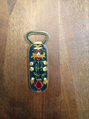 Vintage Cloisonné Floral Brass Bottle Opener Blue Enamel Barware 4.5"